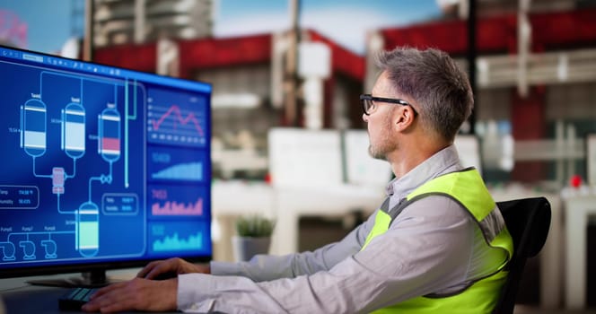 Oil And Gas Automation Using Computer. Engineer Analyst Monitoring Industrial Production