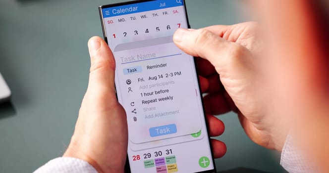 Calendar Sheet And Reminder On Phone. Men Using Appointment App