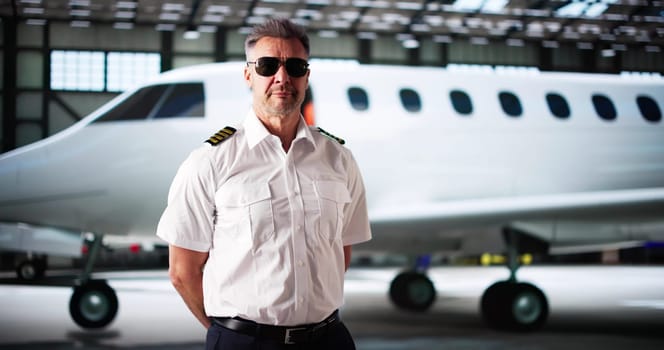 Private Jet Captain Pilot In Uniform. Small Airplane At Airport