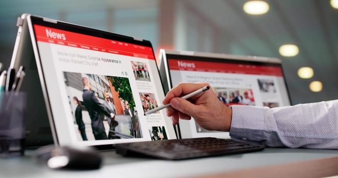 Watching News On Screen. Reading Newspaper Website On Laptop