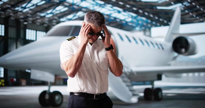 Tired Pilot With Accident Regret In Depression. Frustration And Breakdown