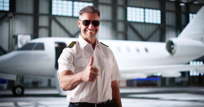 Private Jet Captain Pilot In Uniform Making Thumbs Up Gesture
