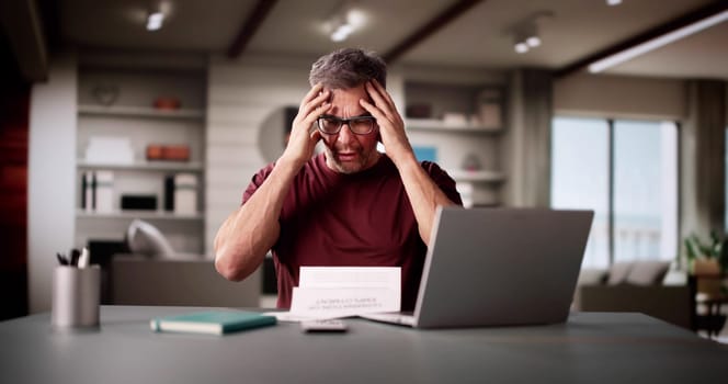 Sad Man Reading Paper Invoice With Stress