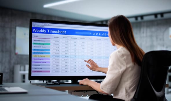 Busy woman in office using computer to track weekly schedule.