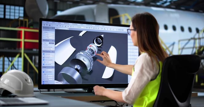 Female Technician Designing 3D Models for Aircraft Maintenance and Repair