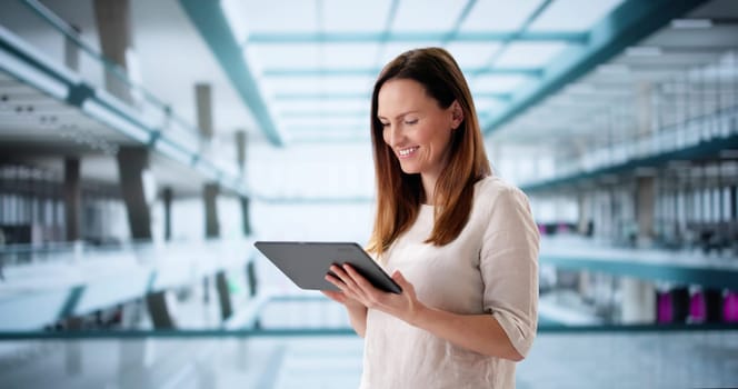 Office Manager Checking Emails and Updating Social Media on Tablet.