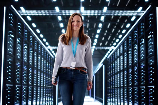 Smiling Woman Upgrading Data Center Server for Cloud Integration