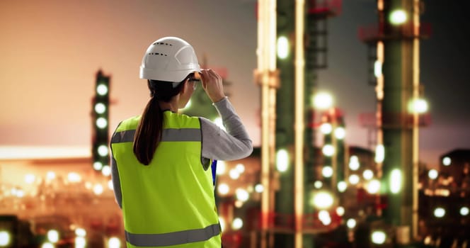 Female Engineer Analyzing Chemical Data on Laptop at Industrial Plant