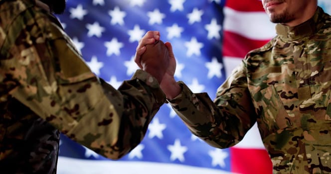 Young African American soldier shaking hands, Peace treaty signed, war end, multinational group of military personnel.