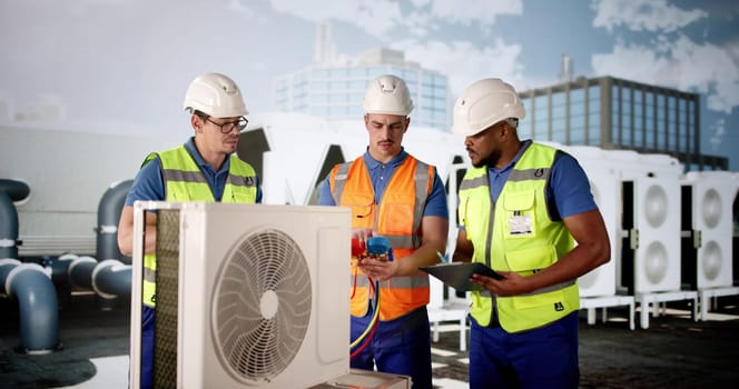 Skilled electrician inspects commercial HVAC air conditioner for safety. Electrician's service.