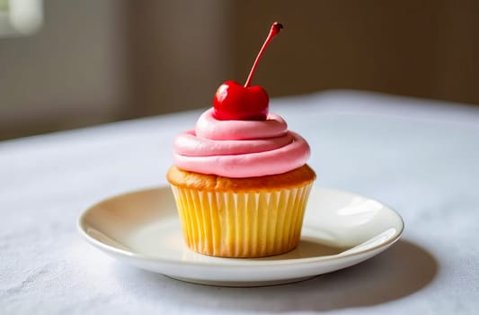 Exquisite vanilla cupcake with pink icing and cherries on a white plate. AI generated.