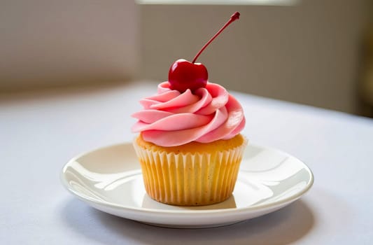 Exquisite vanilla cupcake with pink icing and cherries on a white plate. AI generated.