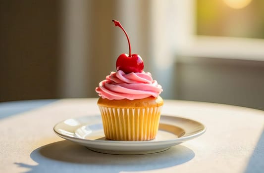 Exquisite vanilla cupcake with pink icing and cherries on a white plate. AI generated.