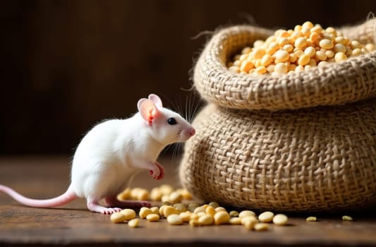 A small white mouse is interested in a bag filled to the brim with golden soybeans, symbolizing the contrast between nature and human food resources against the background of a rural interior.