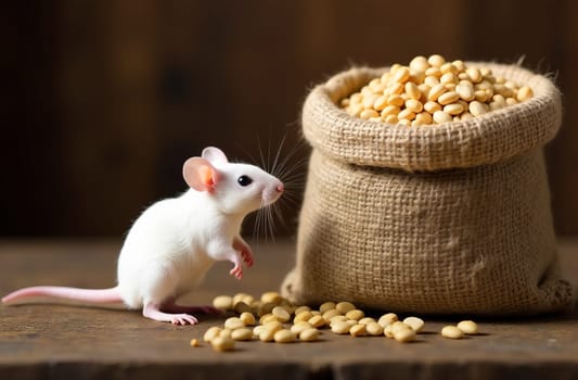 A small white mouse is interested in a bag filled to the brim with golden soybeans, symbolizing the contrast between nature and human food resources against the background of a rural interior.