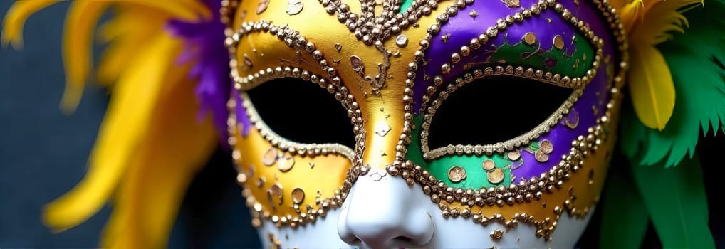 Mask with colorful feathers and golden decorations: mysterious art of mardi gras carnival, ready for masquerade party or venetian carnival theme.