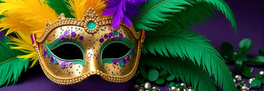 Mask with colorful feathers and golden decorations: mysterious art of mardi gras carnival, ready for masquerade party or venetian carnival theme.