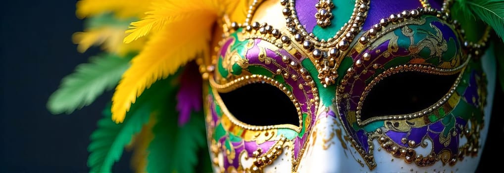 Mask with colorful feathers and golden decorations: mysterious art of mardi gras carnival, ready for masquerade party or venetian carnival theme.