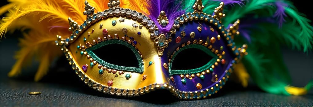 Mask with colorful feathers and golden decorations: mysterious art of mardi gras carnival, ready for masquerade party or venetian carnival theme.