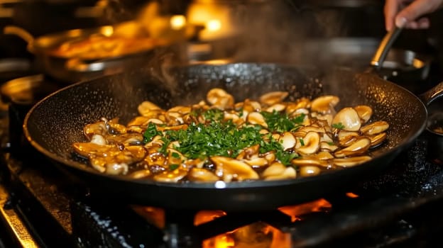 Sliced mushrooms cooking in a professional kitchen with a chef adding fresh parsley