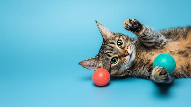 Adorable tabby cat playfully interacting with colorful balls on a vibrant blue background, showcasing its feline curiosity and agility