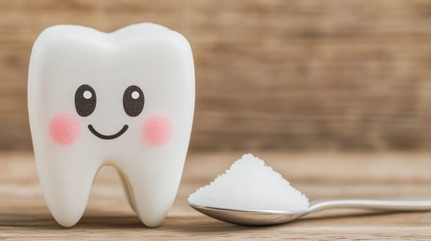 Model of a happy tooth next to a teaspoon of sugar, representing the impact of sugar on dental health and promoting awareness
