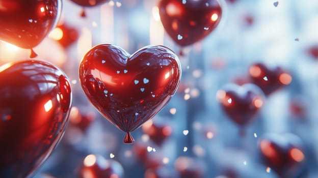 Romantic heart-shaped balloons floating against a blurred backdrop, creating a dreamy and affectionate atmosphere with falling confetti