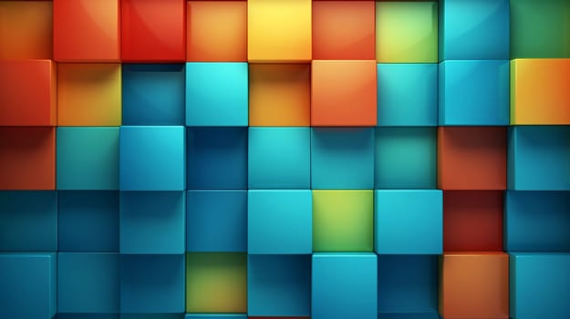 A dynamic arrangement of colorful cubes is displayed against a smooth background, showcasing vivid shades of blue, orange, and green in an engaging design - Generative AI