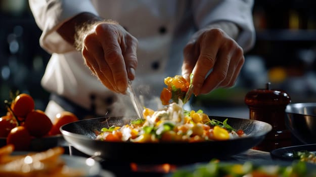 A skilled chef carefully sprinkles salt and herbs over a vibrant mix of vegetables in a warm kitchen setting, showcasing culinary artistry and attention to detail - Generative AI