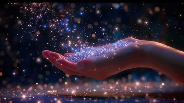 A hand extends to catch glimmering particles that drift through the air, creating a mesmerizing display against a twinkling backdrop of stars and light - Generative AI