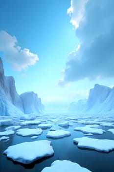 A breathtaking view features icebergs drifting in calm waters surrounded by towering cliffs and a clear sky filled with soft clouds - Generative AI