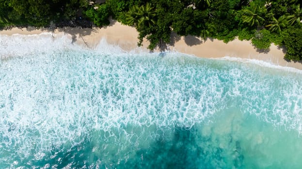 Aerial view of turquoise waves crashing onto a sandy shore with surrounding greenery, under clear skies. Seychelles, Mahe. Anse Takamaka Beach.