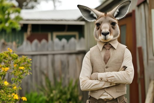 A dapper kangaroo stands confidently in a casual summer vest, showcasing a stylish expression amidst a vibrant garden setting. Perfect for whimsical themes!
