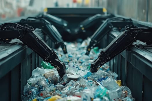 A futuristic recycling plant showcasing AI powered robotic arms sorting waste materials. The image highlights advanced technology in sustainable waste management practices.