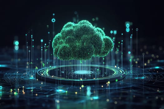This image represents a futuristic data visualization concept featuring a glowing cloud network that symbolizes global information flow and connectivity.