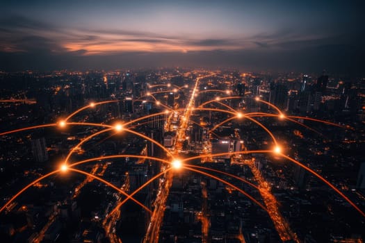 A mesmerizing aerial view captures a thriving urban business district at night, showcasing vibrant lights, intricate networks, and a bustling atmosphere.