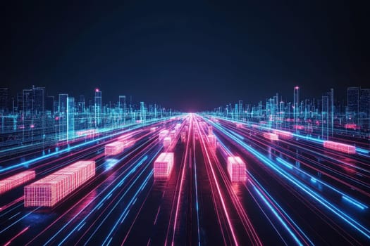 Futuristic digital landscape showcasing shipping trucks moving swiftly along a neon-lit highway in an urban setting, emphasizing technology and logistics.