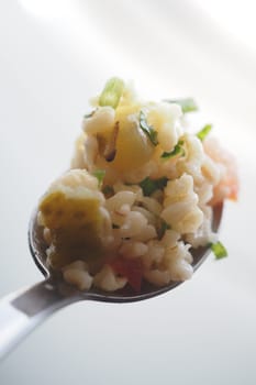 Delicious seasoned rice topped with fresh vegetables on a spoon