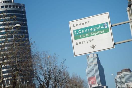 Clear view of a traffic sign indicating directions in a city.