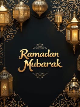 Elegant Ramadan Mubarak greeting with ornate lanterns on black background.