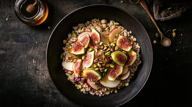 A nutritious breakfast bowl features fresh figs, sliced apples, and nuts arranged atop a base of granola, drizzled with honey, creating an inviting meal setup.