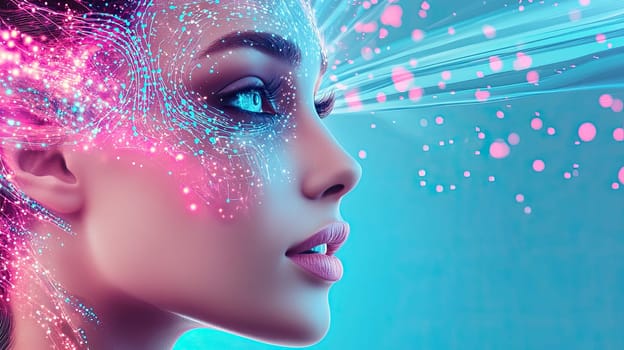 A young woman gazes away, her face illuminated by colorful, abstract digital patterns. The glowing designs create a striking visual effect against a blue background, merging art and technology.