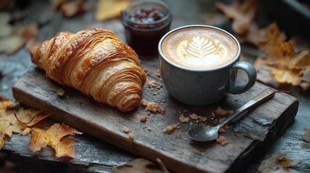 A cozy setup showcases a flaky croissant next to a latte with intricate foam art, all placed on a rustic wooden board amidst scattered autumn leaves.