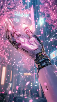 A highly advanced robotic hand extends gracefully toward falling cherry blossom petals, surrounded by glowing neon lights in a bustling cityscape, reminiscent of a science fiction world.