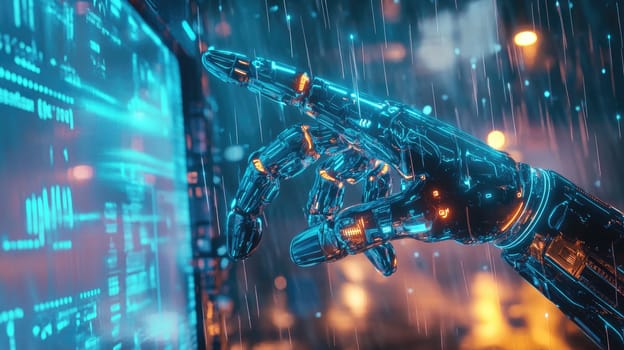 A metallic robotic hand extends towards a vibrant digital screen while rain falls in a bustling city. The glowing lights reflect the advanced technology in this futuristic atmosphere.