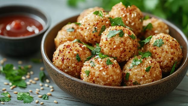 A bowl filled with golden quinoa seed balls sprinkled with green herbs. A small dish of tangy sauce accompanies the bowl, enhancing the dish's appeal.