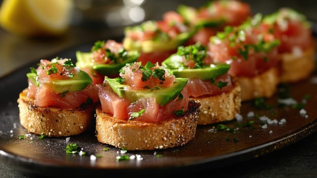 Fresh avocado slices topped with diced tomatoes and herbs sit atop toasted bread rounds. The arrangement looks appetizing, ideal for a social gathering or casual dining.