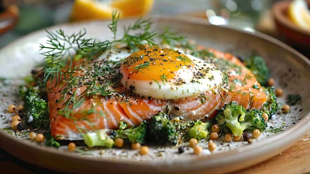 A beautifully plated salmon fillet features a vibrant yellow poached egg atop a bed of broccoli. Fresh herbs and spices add flavor, enhancing the meal's appeal.