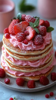 Fluffy pancakes are stacked high and adorned with a creamy pink frosting. They are topped with fresh strawberries, raspberries, and a dusting of powdered sugar, creating a vibrant brunch treat.