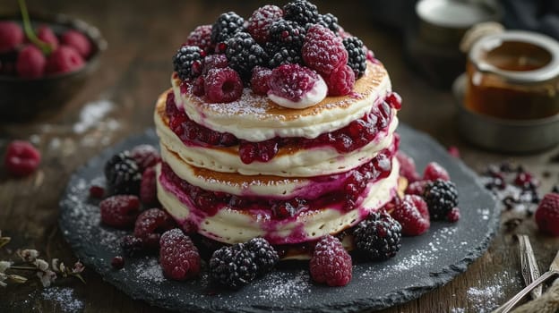 A tall stack of fluffy pancakes sits on a dark slate plate, generously topped with vibrant blackberries, raspberries, and a drizzle of syrup. Sugar dust adds a touch of sweetness.